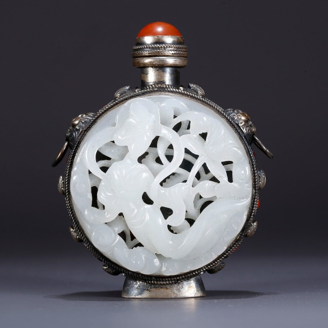 Hetian Jade Inlaid Gemstone Copper Snuff Bottle (1 of 4)