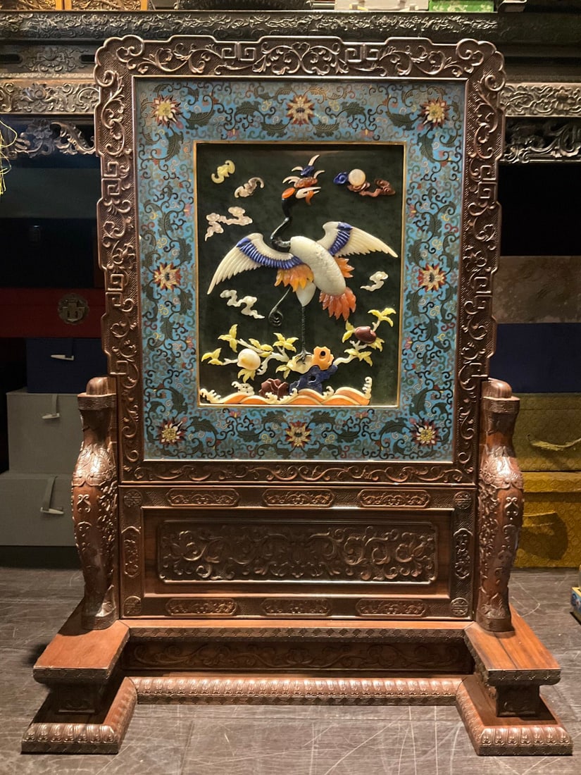 Court-style rosewood framed and based cloisonné Hetian jade inlaid with various treasures screen: 71*52/28*22