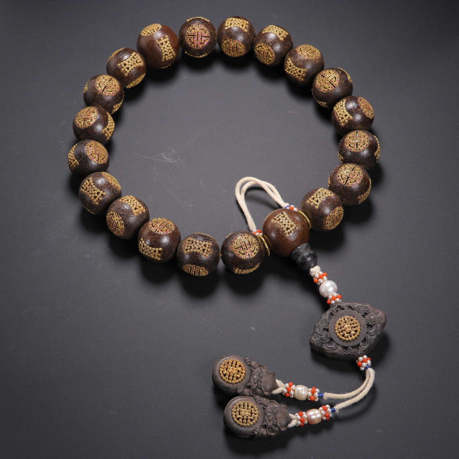 Qing Dynasty Agarwood Hand-held Beaded Pair with Silver and Gilded Beads (18 beads) (1 of 1)