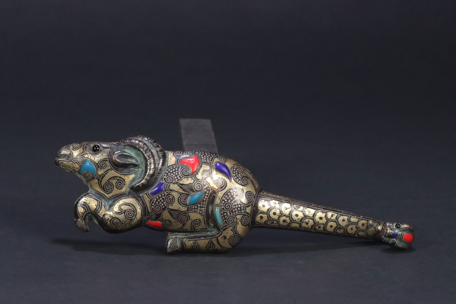 Han Dynasty Bronze Belt Hook Inlaid with Gold, Silver, and Gemstones (1 of 2)
