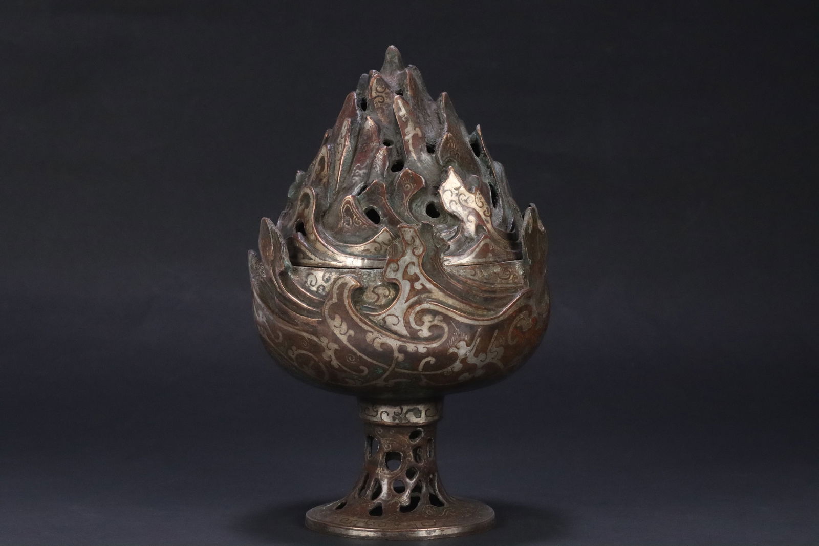 Han Dynasty Bronze Boshan Incense Burner Ornament Inlaid with Gold and Silver (1 of 4)