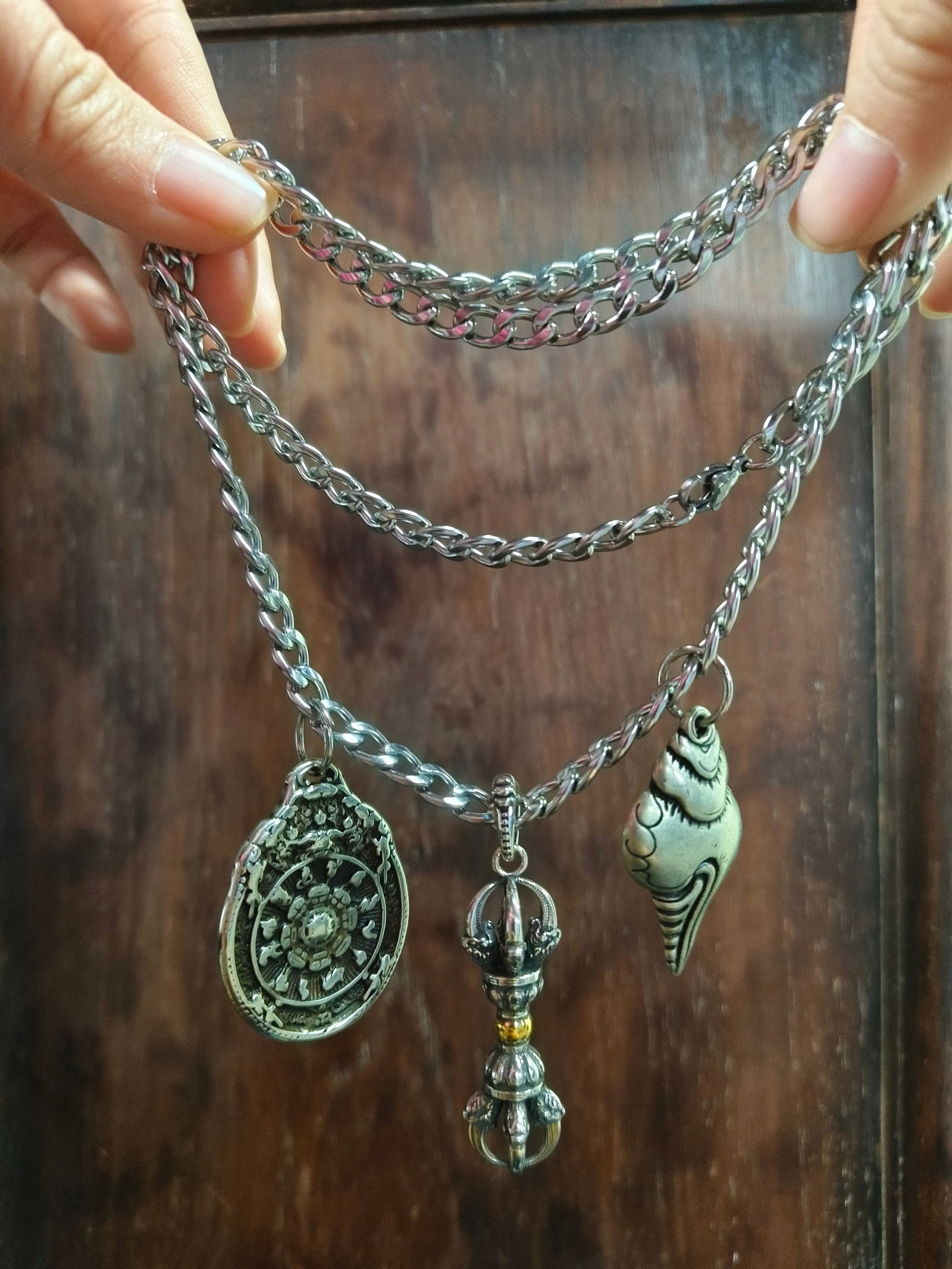 Tibetan Buddhist Three Treasures Chain (Nine Palaces, Conch Shell, and Vajra) (1 of 1)