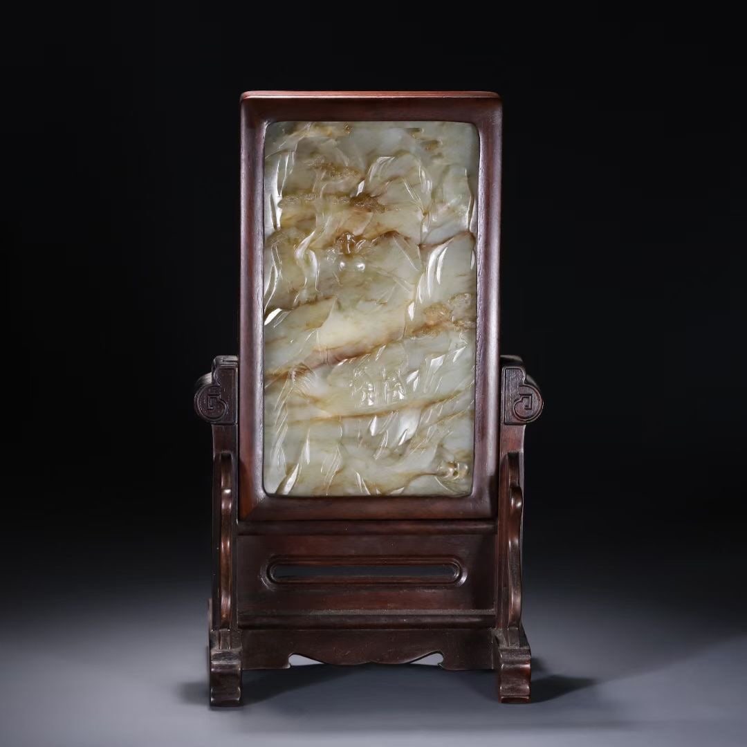 Red sandalwood inlaid with Hotan Jade screen insert: 29.2*15.5*11.3/1107g