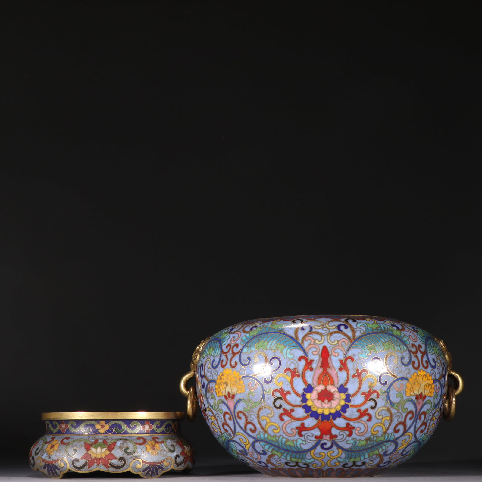 Qianlong mark copper gilded cloisonn é double ear living ring incense burner: 12.8*17/2026.6g