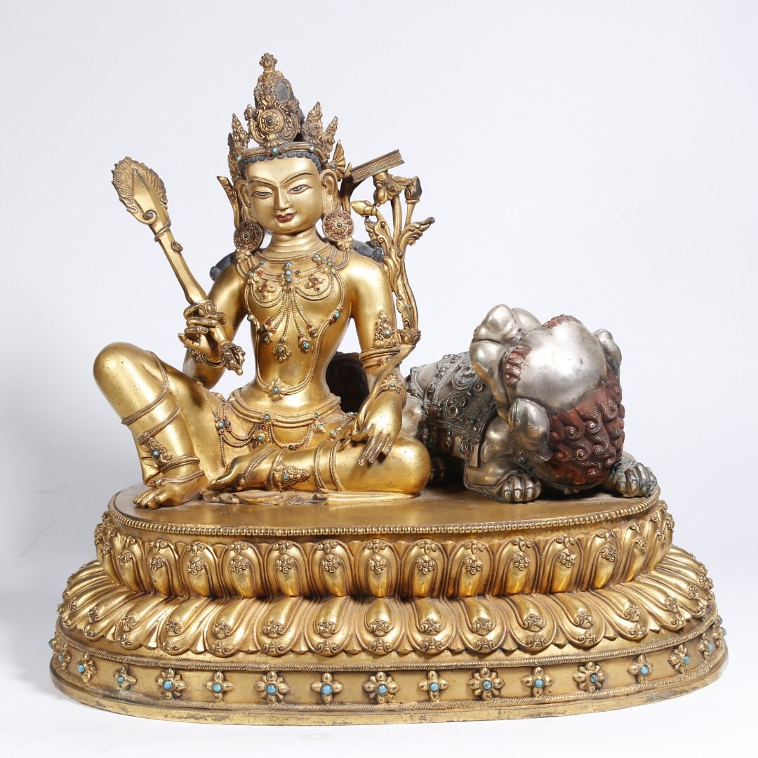 Gilt Bronze and Silver Inlaid Gemstone Buddha Statue: 39*38/18.15kg