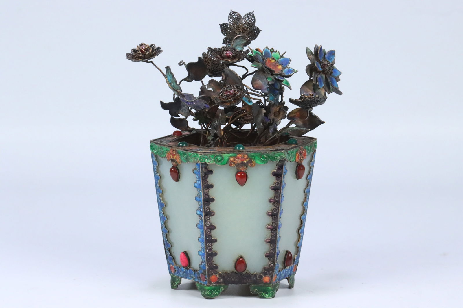 Qianlong Mark Hetian Jade Silver Gilt Enamel Bonsai Ornament: 17.1*9/538g