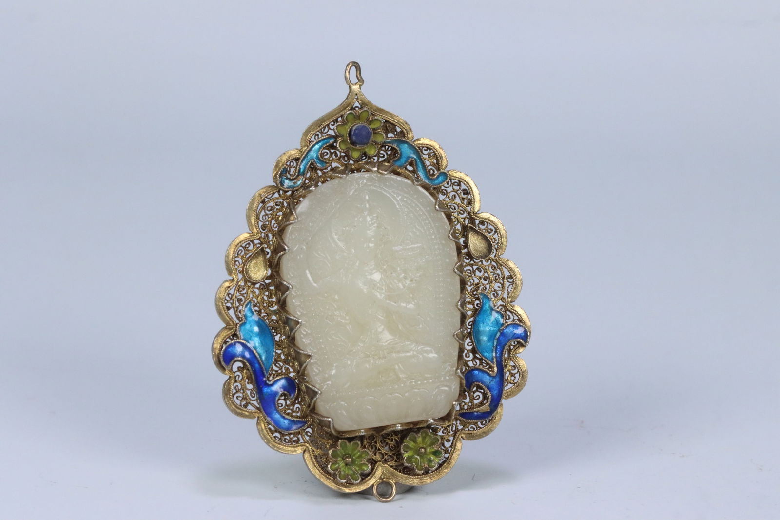Qing Dynasty Silver Gilt Filigree Enamel Inlaid Hetian Jade Pendant (1 of 2)