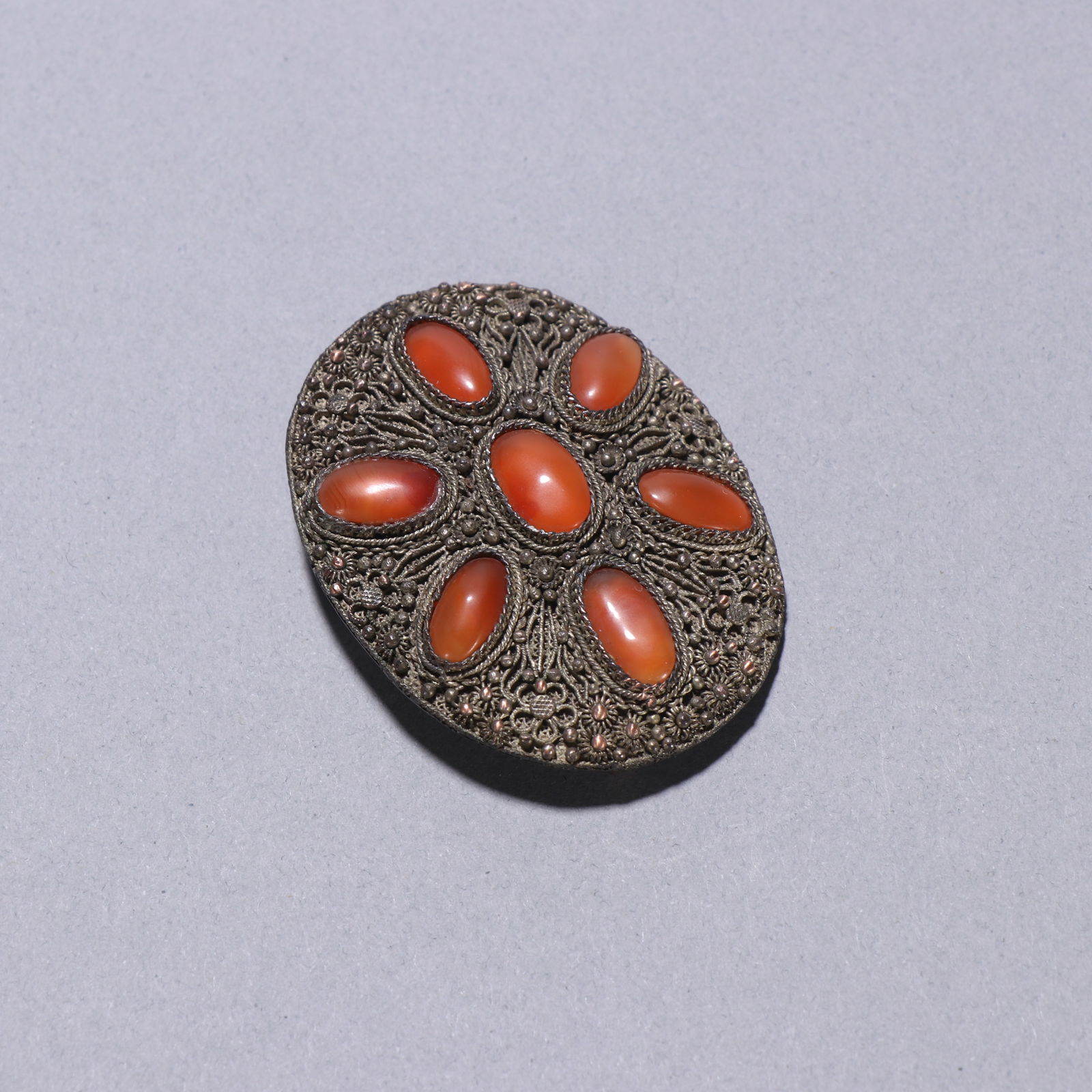 Qing Dynasty Silver Inlaid Agate Brooch (1 of 2)