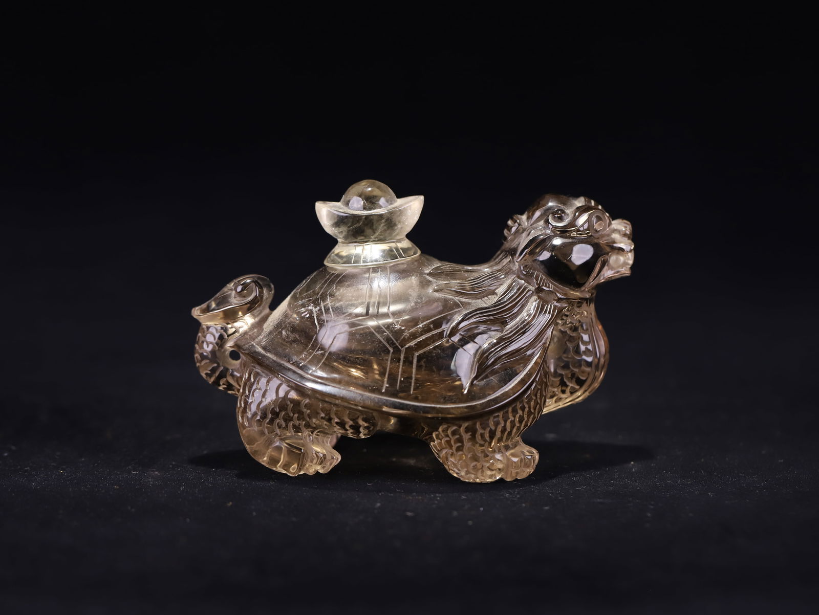 Qing Dynasty Smoky Crystal Dragon Turtle Water Bowl: 7.5*12.4*7.6/539.8g