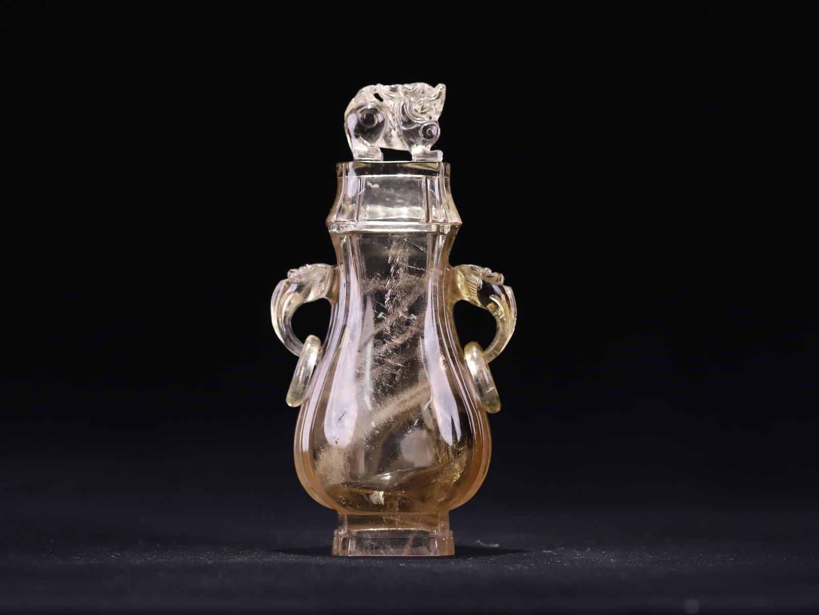 Qing Dynasty Smoky Crystal Lion-Knob Double-Dragon Ear Covered Vase: 16.9*8.8*6.35/519.5g