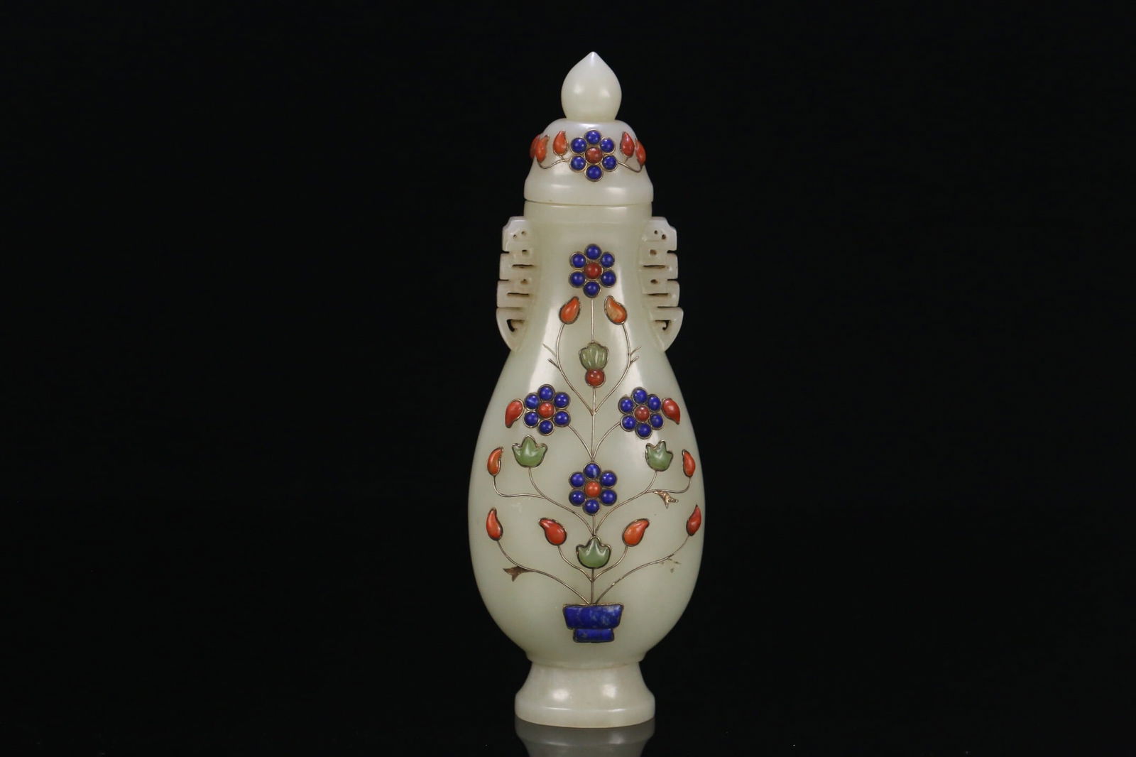 Qianlong Period Hetian Jade Inlaid Treasure Covered Bottle: 19.5*7*5.6/368g