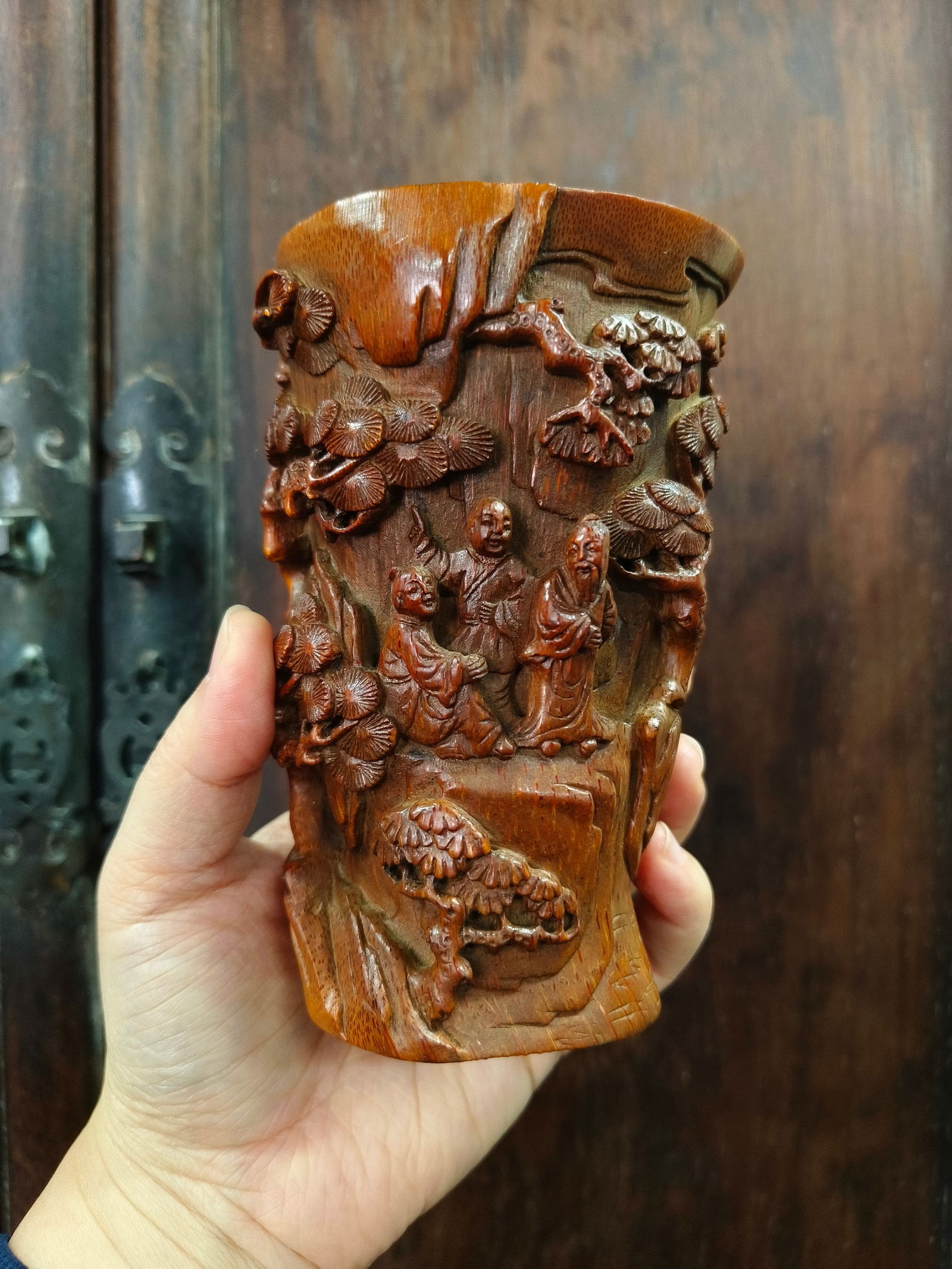 Qing Dynasty bamboo carving pen holder: 12.8*6.3/200.7g