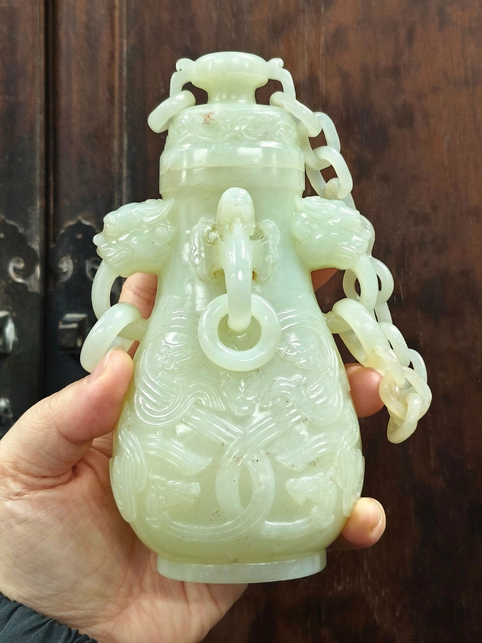 Qing Dynasty Hotan Jade Double Lion Ear Vial: 14.1*7.7*5.7/391g