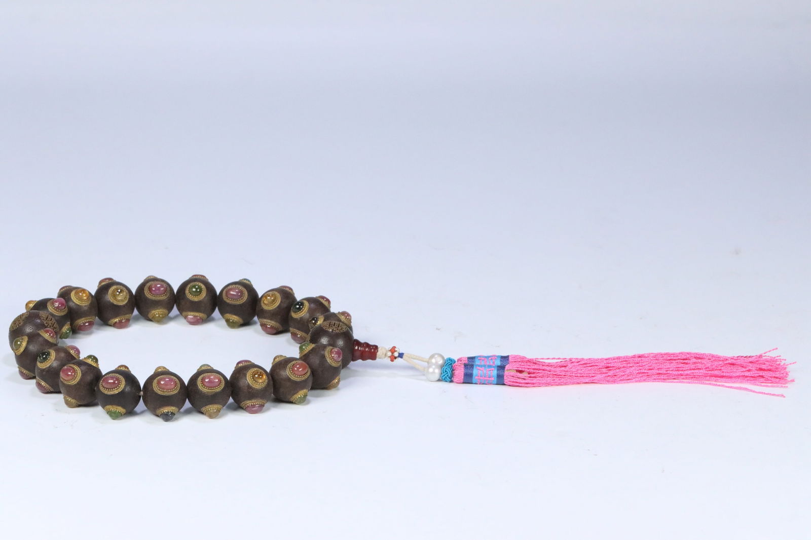 Qing Dynasty Agarwood Bracelet Inlaid with Tourmaline 18-Bead Hand Bead: 2.48/160g
