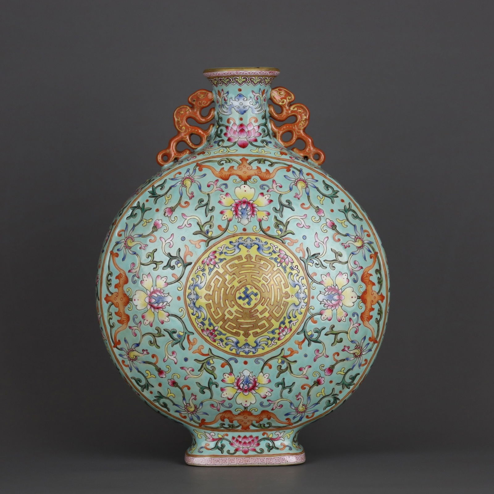 Qianlong- mark turquoise ground famille rose moon flask: 30.3*22.5