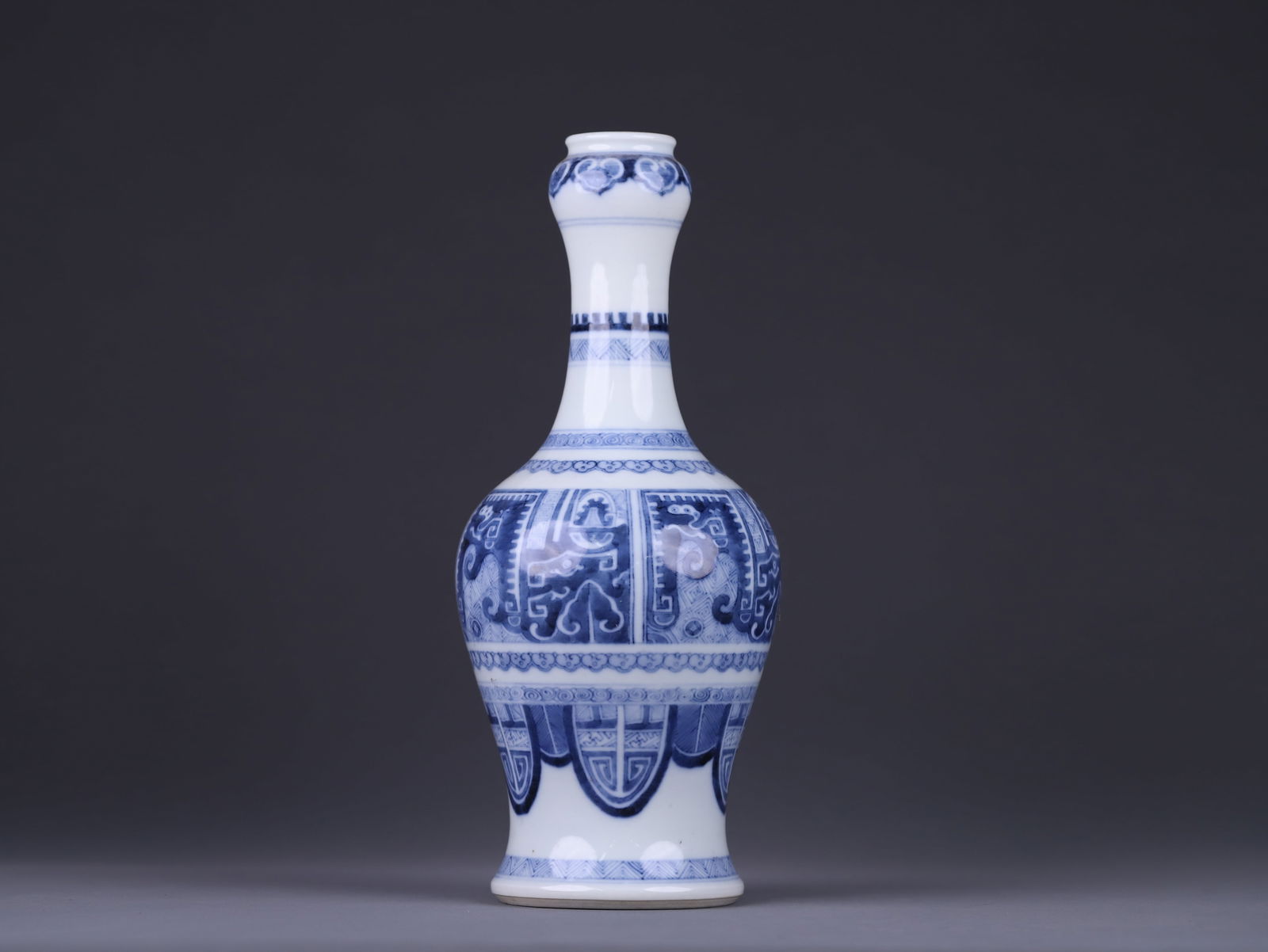 Qing Dynasty Blue and White Garlic-Head Vase Imitation Bronze: 30.5*12