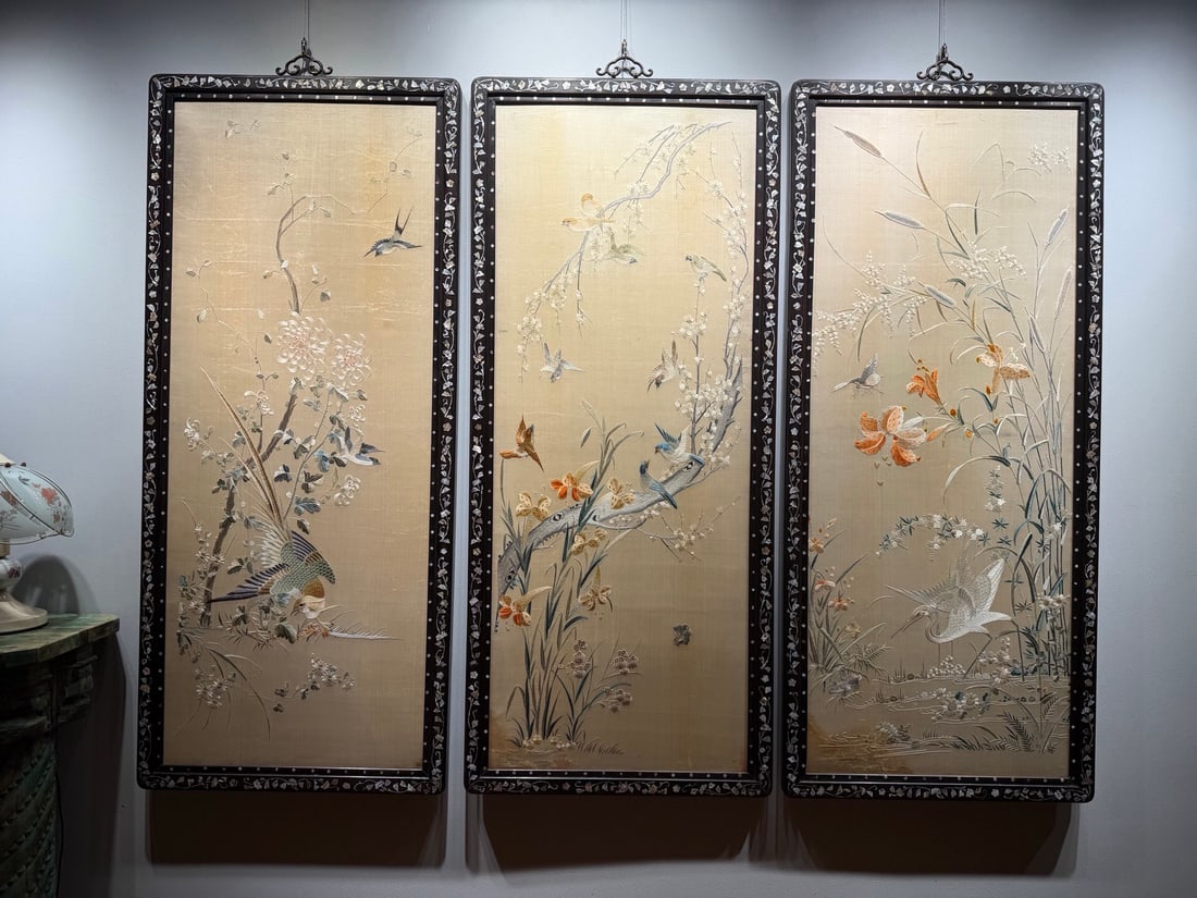 Yue embroidery with inlaid mother of pearl frame during the Republic of China period: 139*60