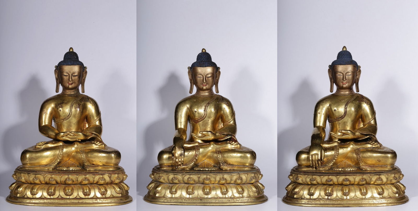 Bronze Gilded Buddha of the Qing Dynasty, Three Generations: 42.5*35*24/11.8kg/11.45kg/14.25kg