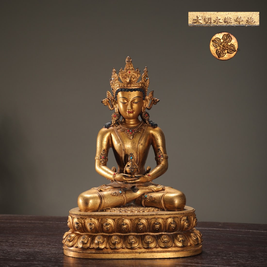 Yongle mark copper gilded Buddha statue: 2 1.3*15.2/1.65kg