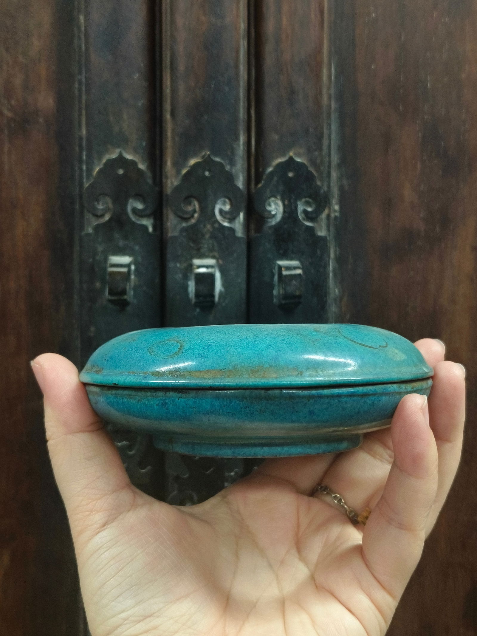 Chen Mingyuan Mark Zisha Clay Incense Burner with Jun Glazed Ink Paste Box: 10.7/166g