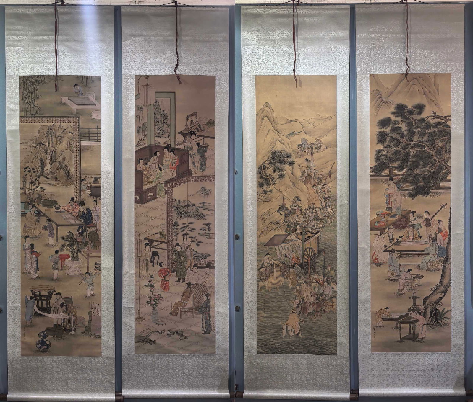 Qiu Ying Marked Four-Panel Silk Screen: 47*163