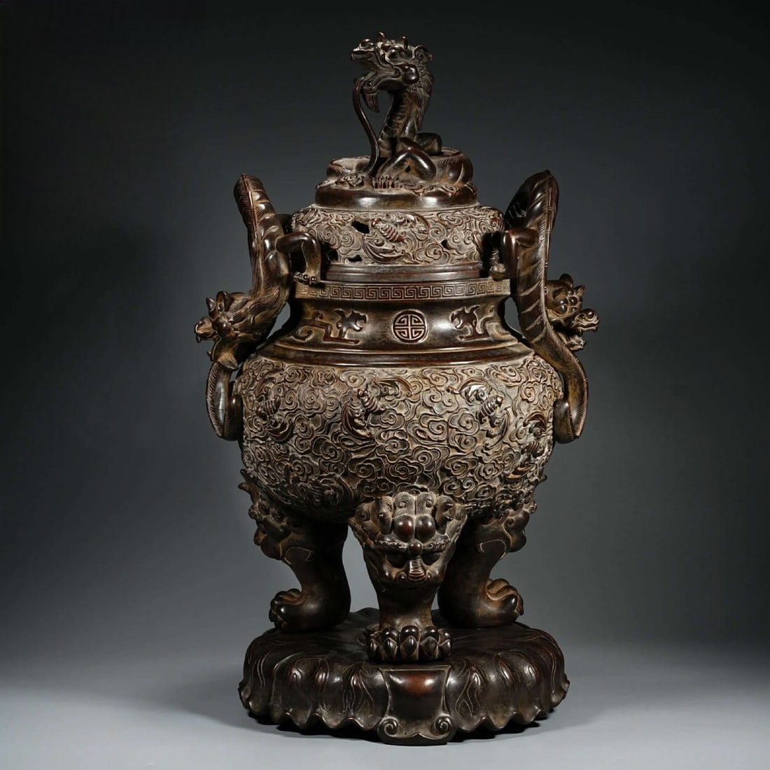 Xuande Mark Purple Bronze Dragon-Ear Incense Burner (1 of 5)