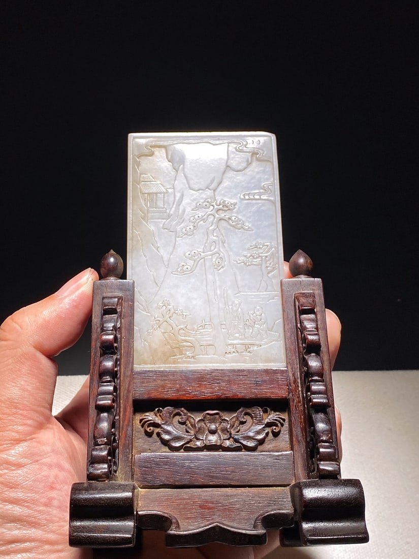 Qing Dynasty Hetian Jade Pebble Inkstone Screen: 5.3*8.7*0.8/104.5g