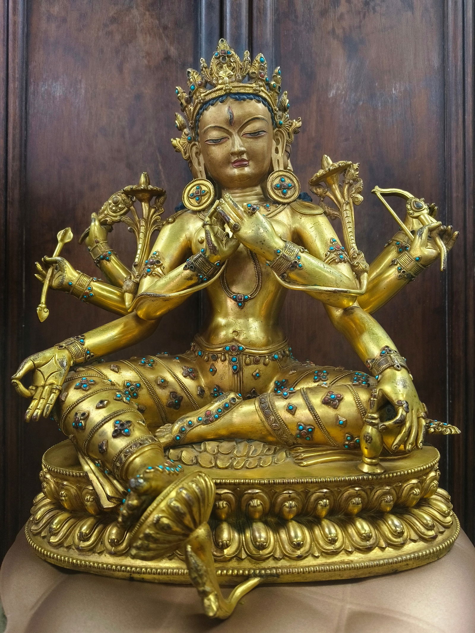 Bronze gilded Buddha statue with inlaid treasures from the Qing Dynasty (1 of 3)