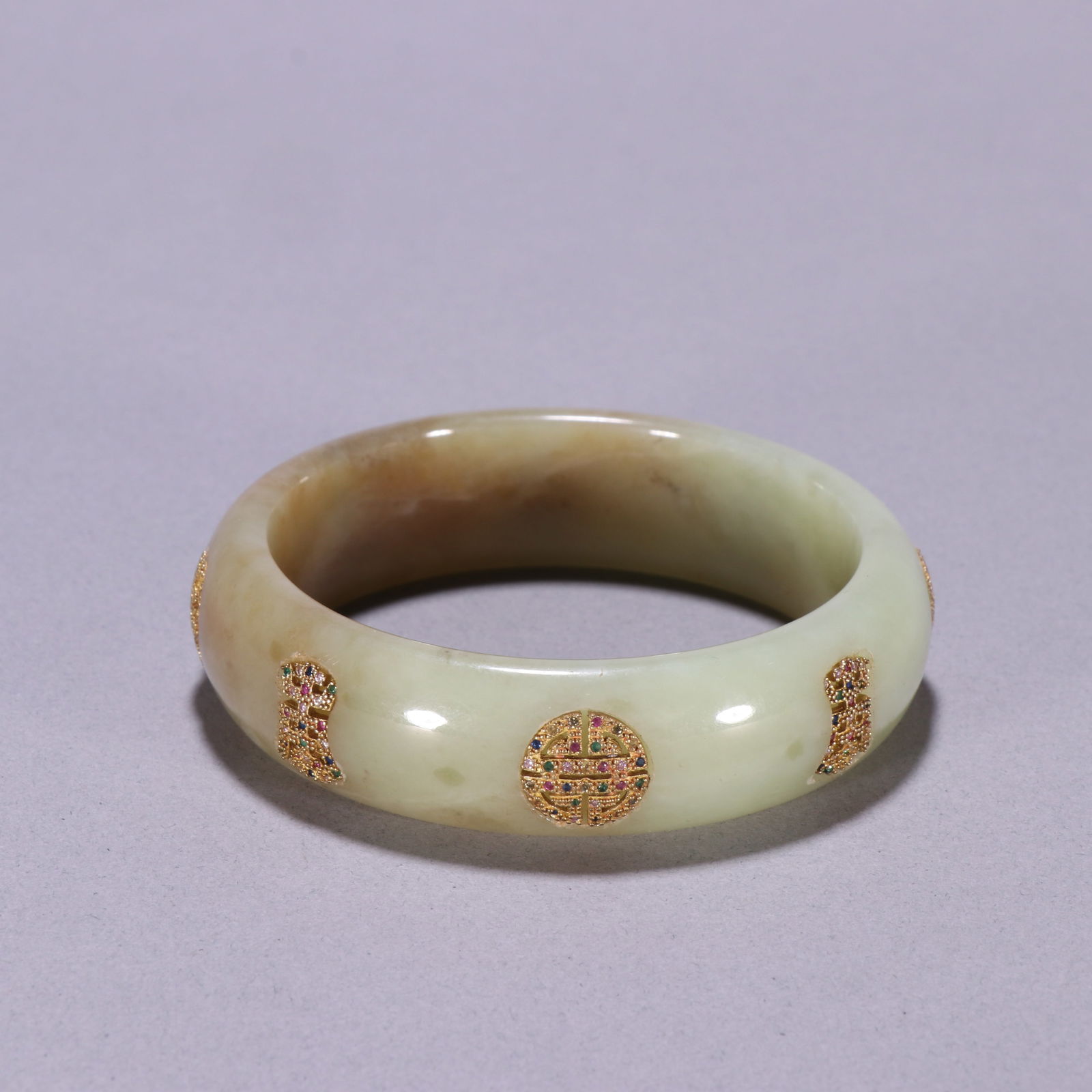 Qing Dynasty Hotan Jade Silver inlaid Gold Plated Bracelet: 5.95*1.8/13.9g