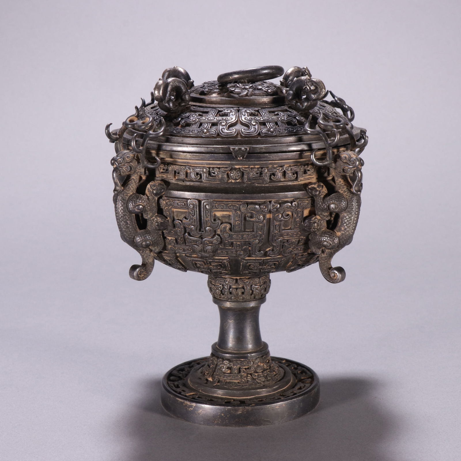 Tibetan Silver Incense Burner with Four Dragon Handles: 15.5*13.3/815g