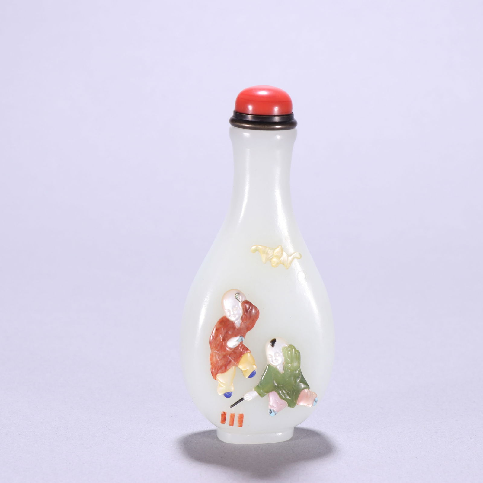 Qing Dynasty Hetian Jade Snuff Bottle Inlaid with Treasures: 9 .4*4.1/92.3g