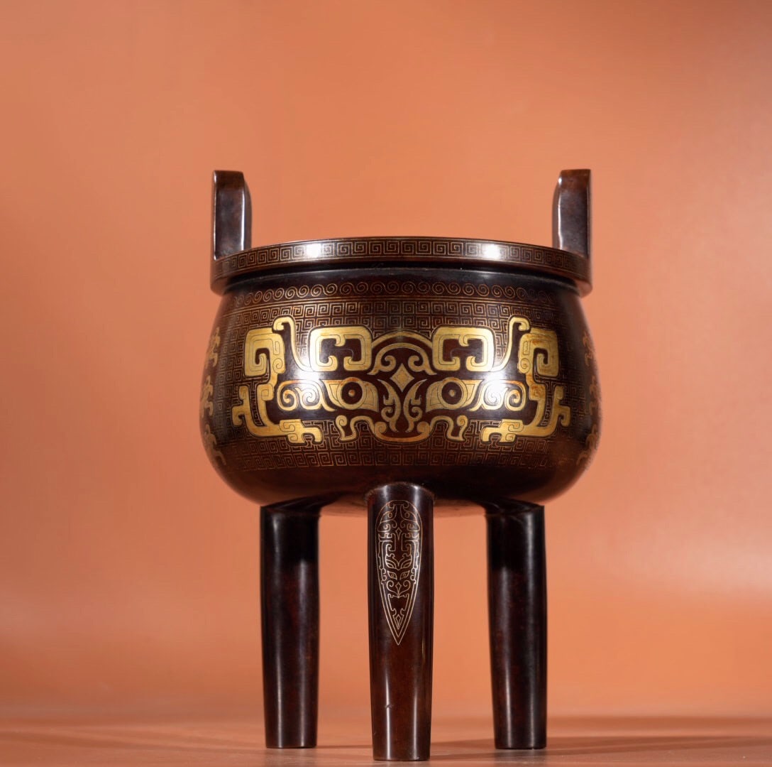 Shi Sou-mark bronze gilt-plated incense burner with silver inlay: 2 0*13.5/3335g