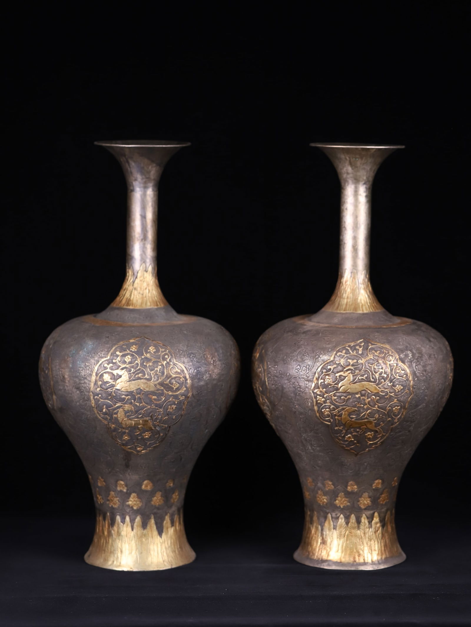 A Pair of Ming Dynasty Gilt Silver Long-Necked Vases (1 of 3)