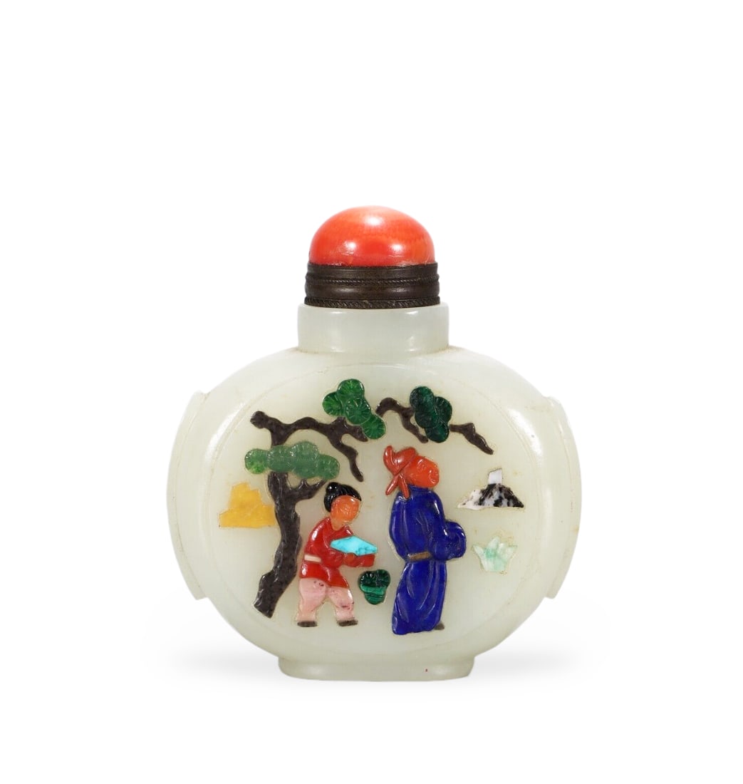 Chinese Hetian jade snuff bottle inlaid with multi-treasure pine tree and scholar design (1 of 9)