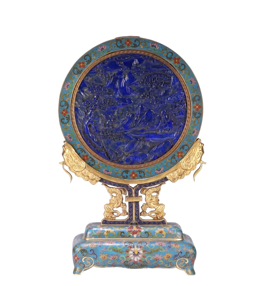 Chinese Cloisonn?? enamel inlaid with lapis lazuli landscape and figure painting with gold dragon: 35*22*9cm
