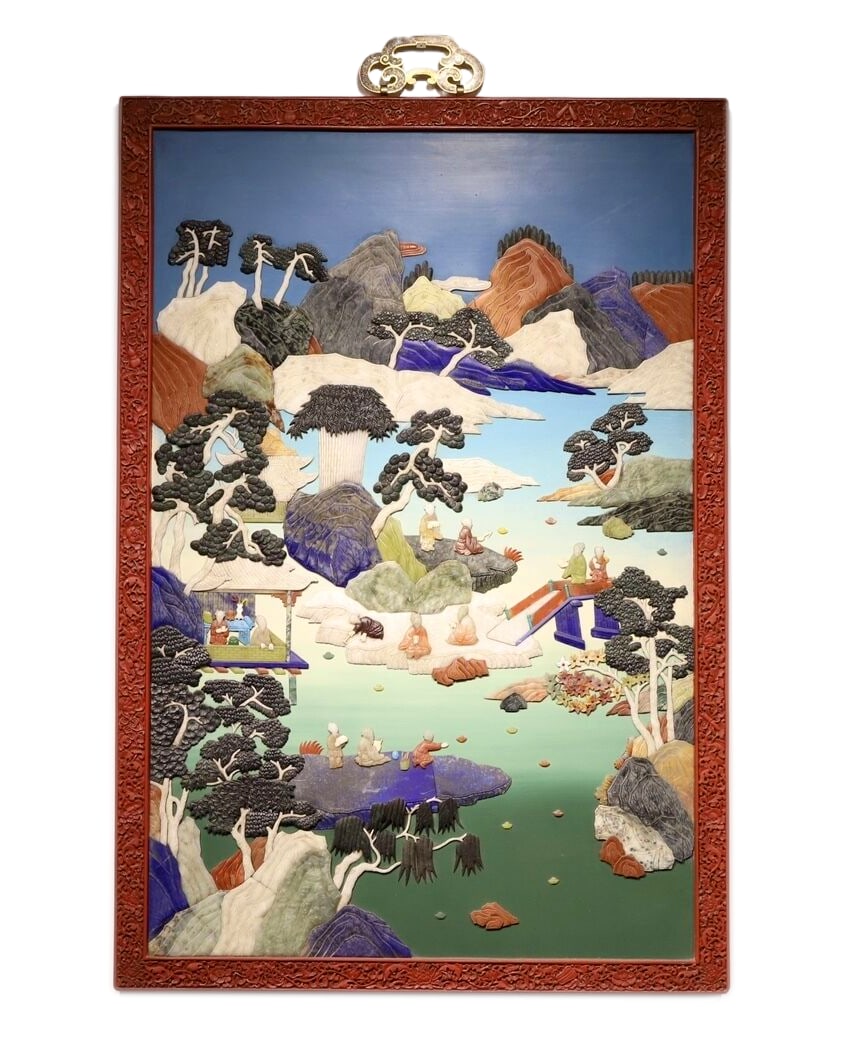 Chinese Carved Red Lacquer Landscape and Figure Inlaid Treasure Hanging Screen: 120cm long, 77cm wide