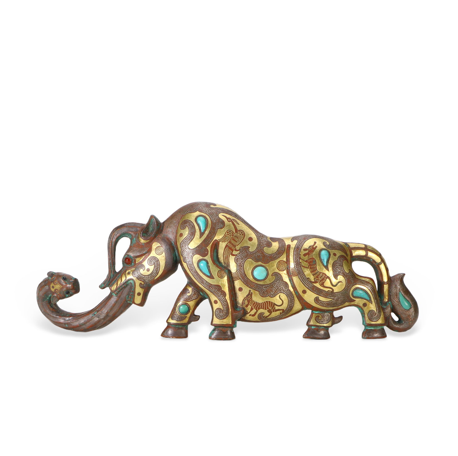 Chinese Copper inlaid gold and silver auspicious beast belt hook: Height 6.9cm, Width 19.3cm