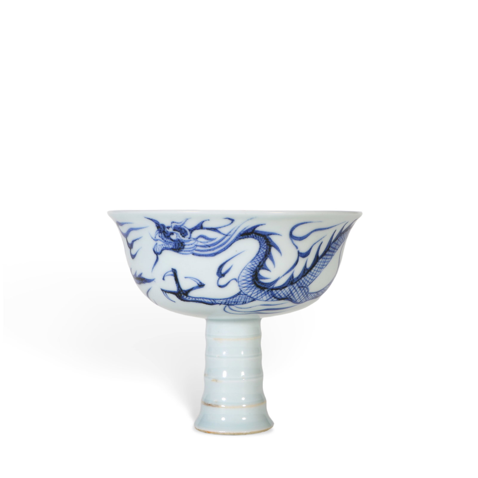 Chinese Blue and white dragon and phoenix stem bowl: Height 11cm Width 13cm