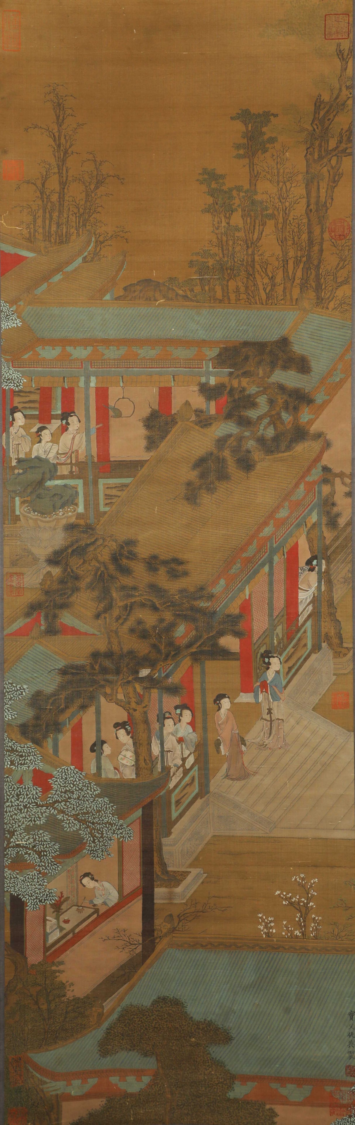 Chinese Qiu Ying Mark Lady of the Court , ink and color on silk, hanging scroll: Height 156cm Width 49cm