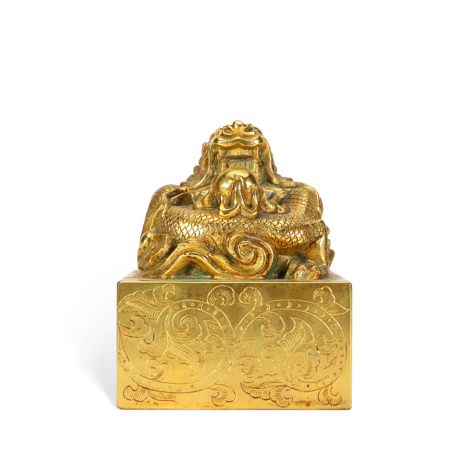 Chinese Qing Dynasty Gilt Copper Dragon-Knob Seal: Height 11cm, Length 8.8cm, Width 8.8cm