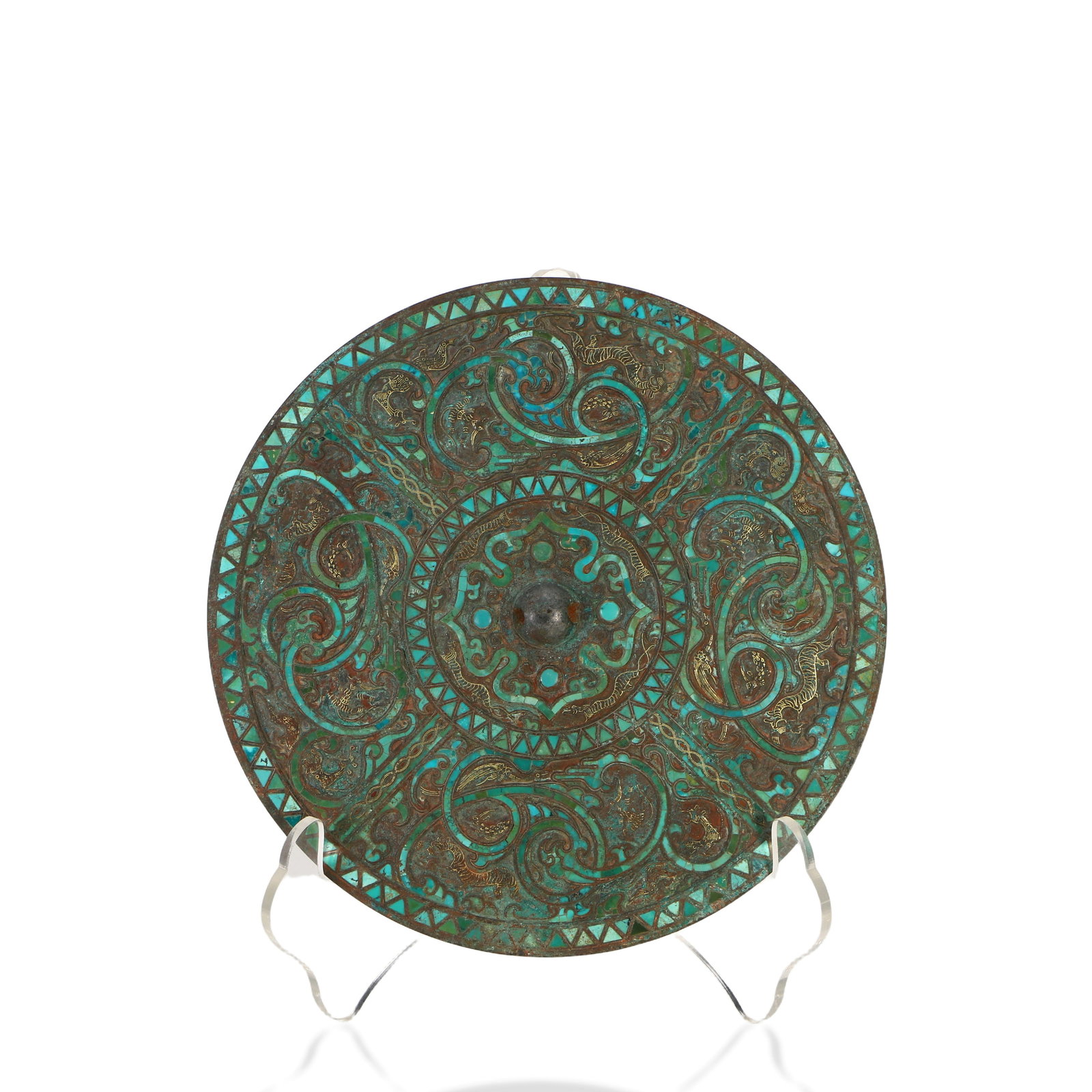 Chinese Copper mirror inlaid with gold and silver and set with turquoise (1 of 6)