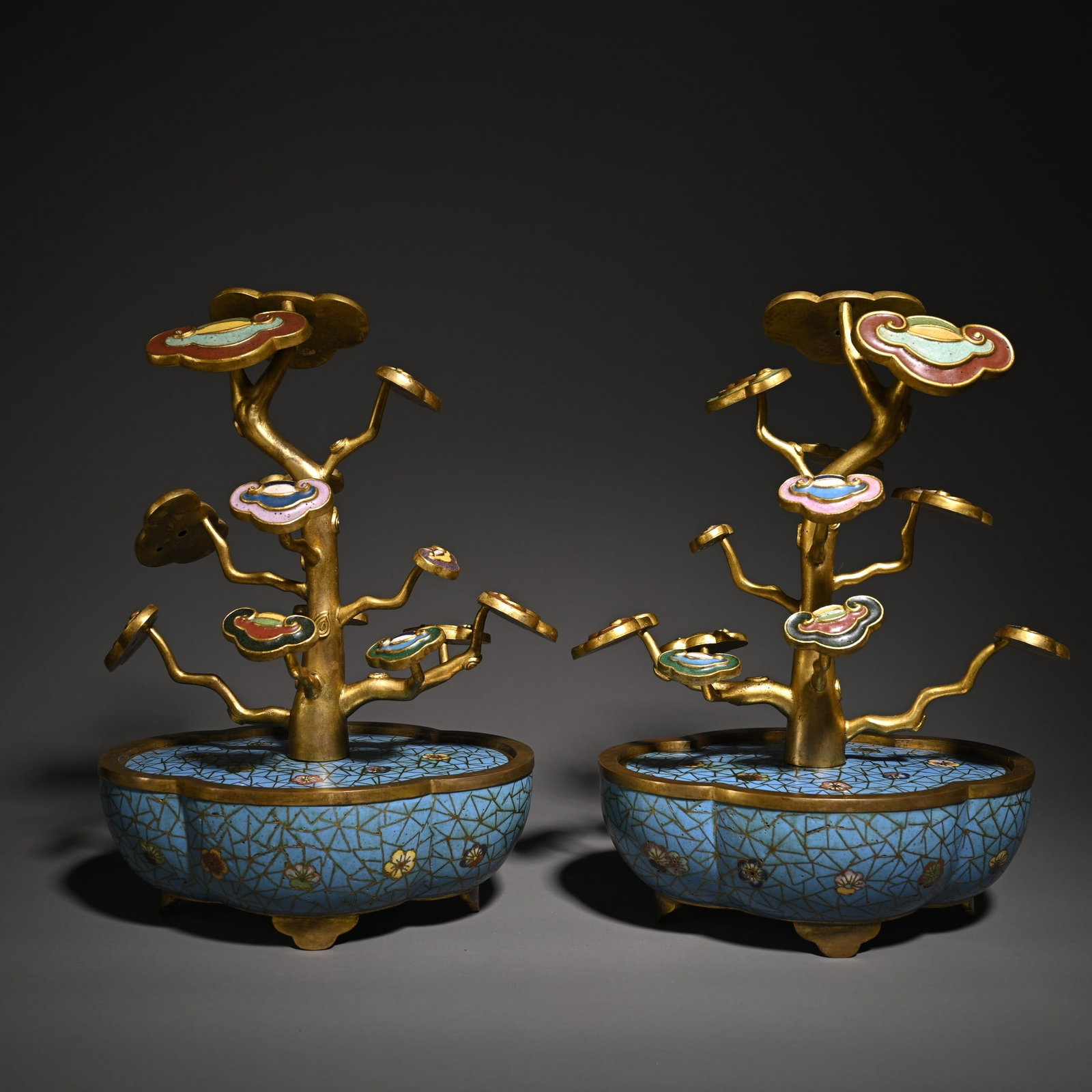 Chinese A pair of cloisonn?? enamel ruyi bonsai scholar desk ornaments: Height 28cm, Length 20cm, Width 14cm