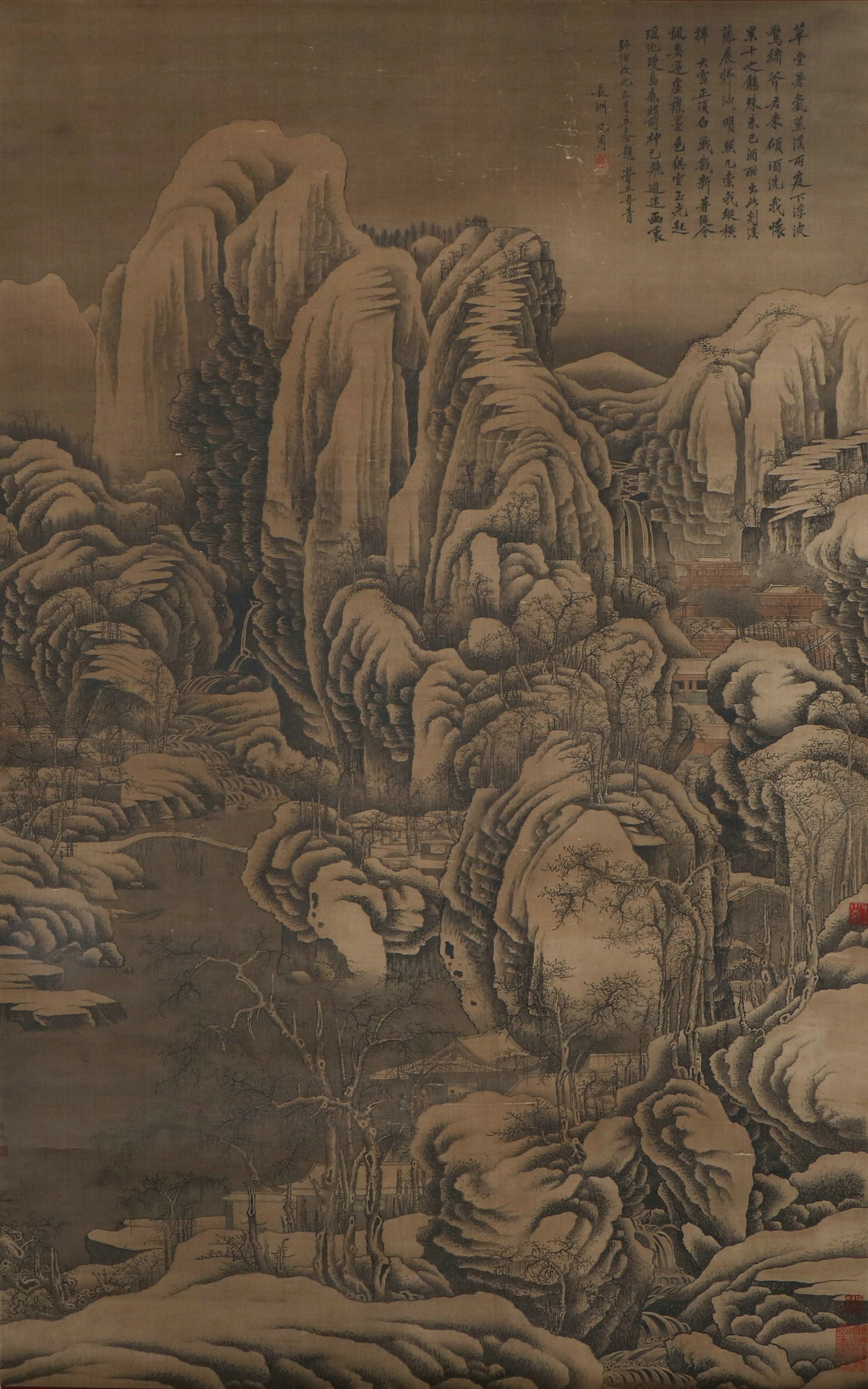 Chinese Shen Zhou Mark landscape painting hanging scroll (1 of 6)