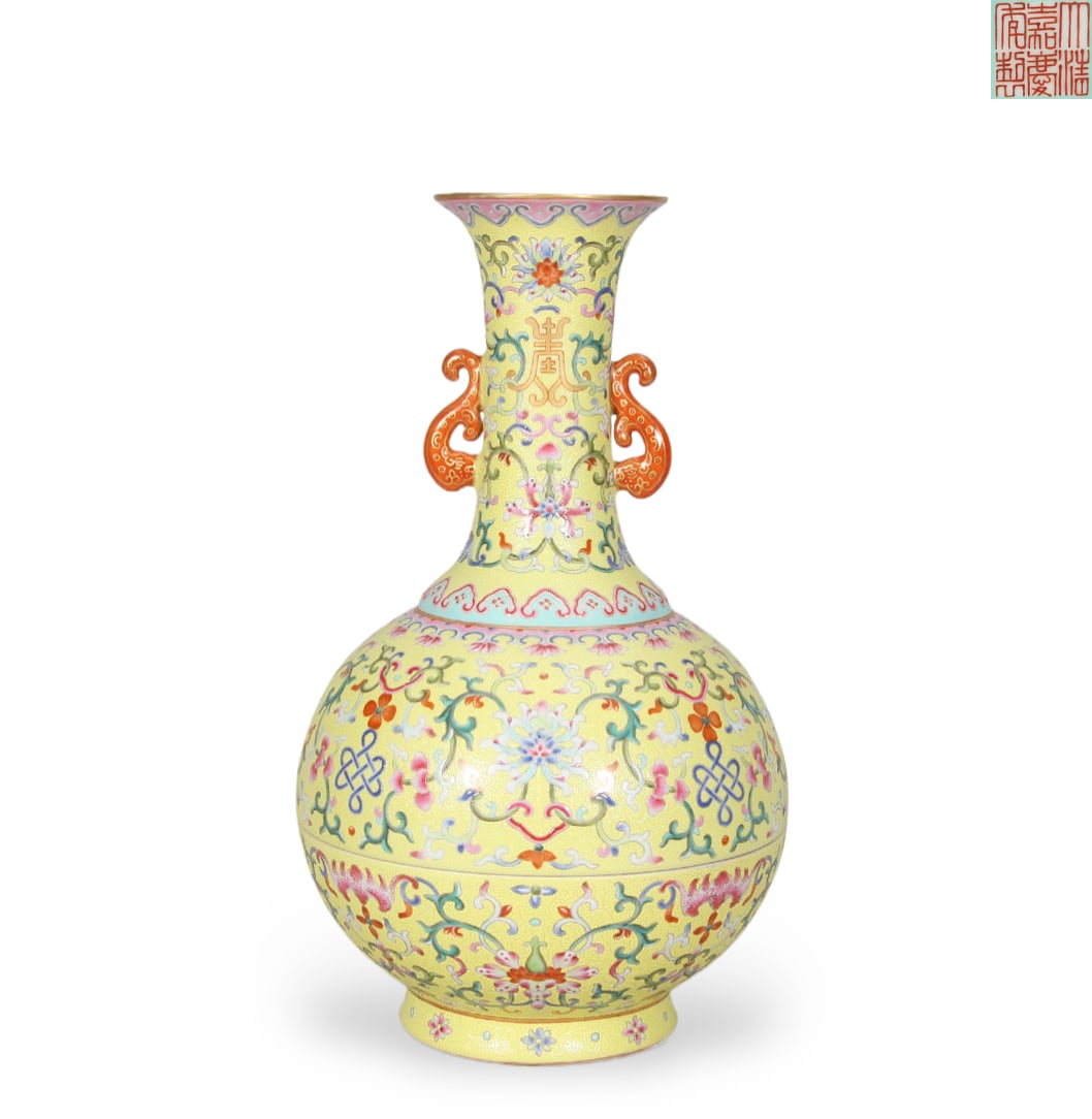 Chinese Yangcai (Famille Rose) Floral and Longevity Character Pattern Covered Bottle: Height 29.5 cm