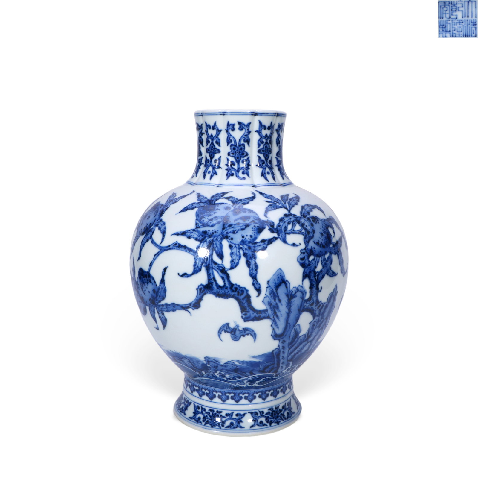 Chinese Qing Dynasty Qianlong Mark Blue and white pomegranate-shaped vase with auspicious and (1 of 4)