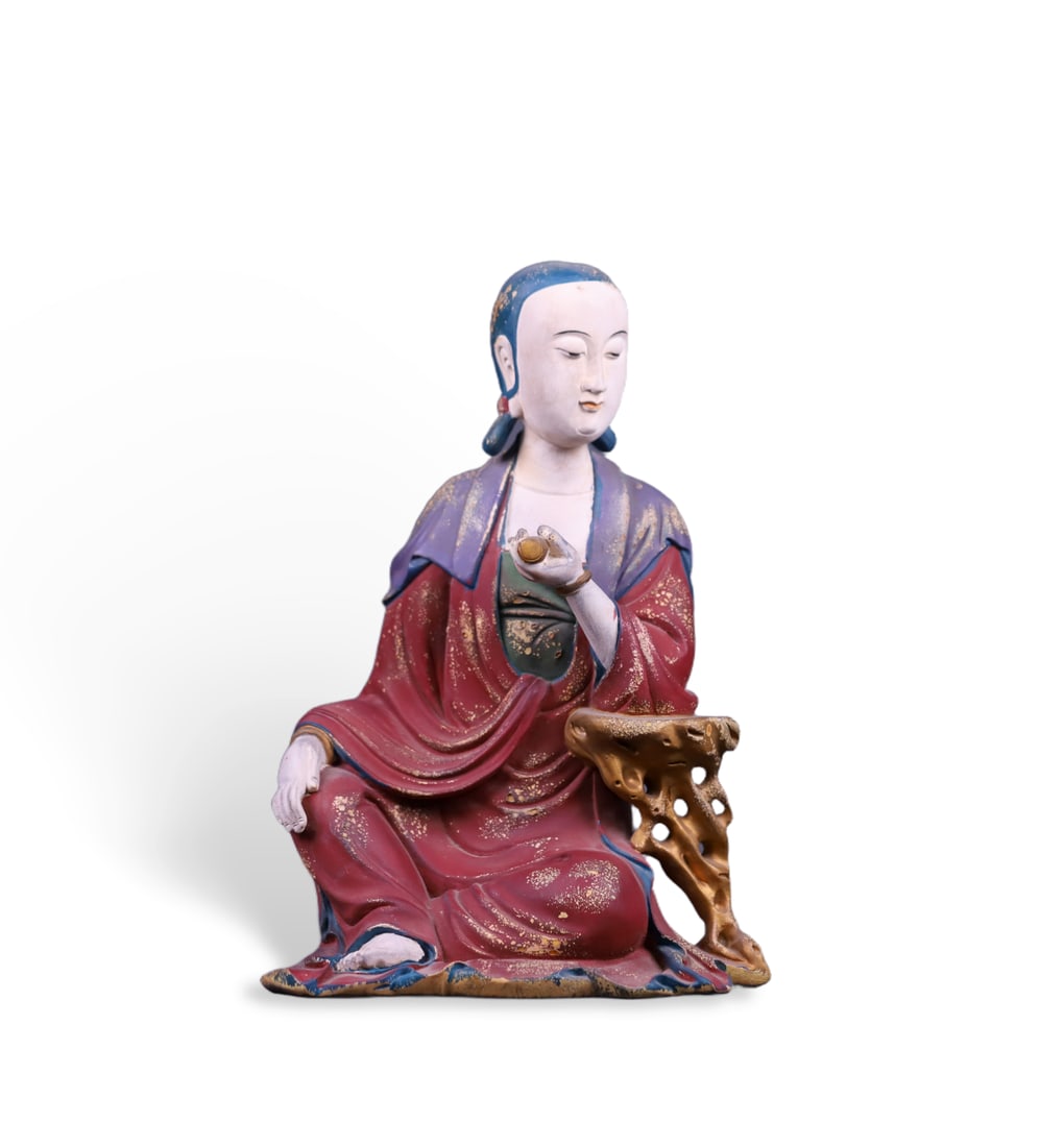 Chinese Qing Dynasty ceramic painted scroll Guanyin ornament: Height 29.5cm