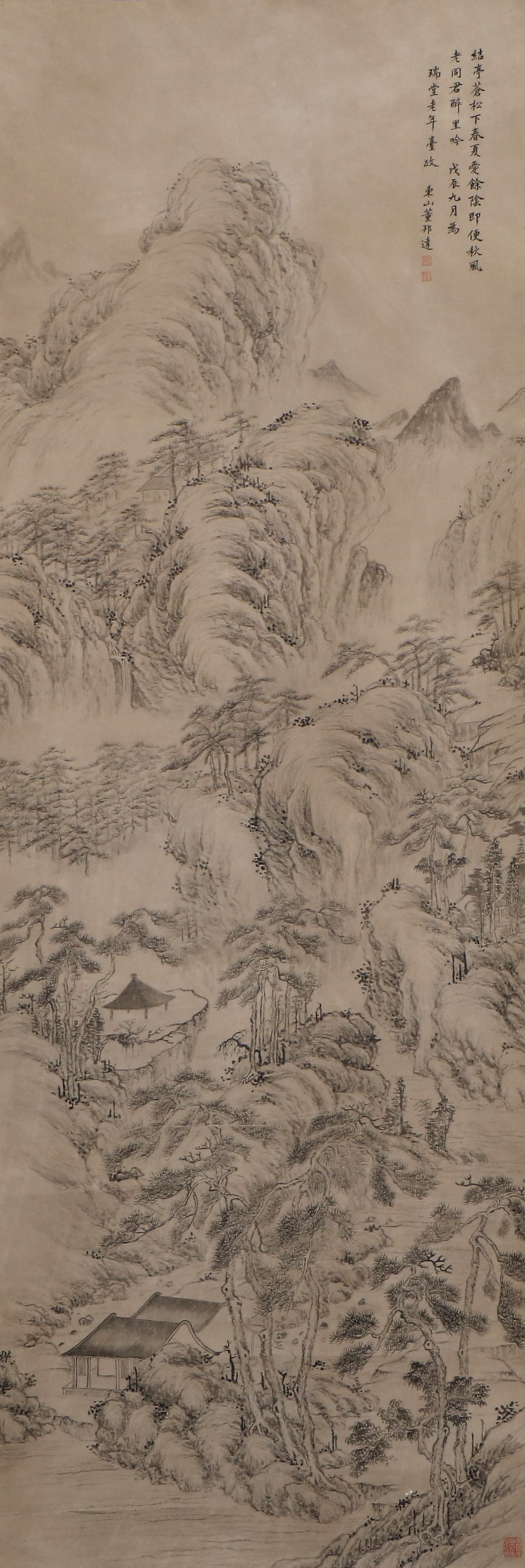 Chinese Dong Bangda Mark Landscape Hanging Scroll: 160cm long, 54cm wide