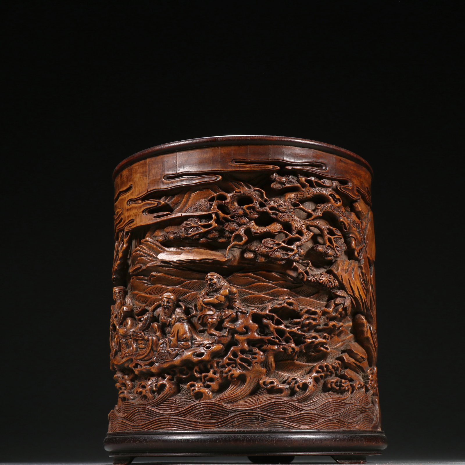 Chinese Bamboo carved figure story pen holder: Height 16cm, Width 15.2cm