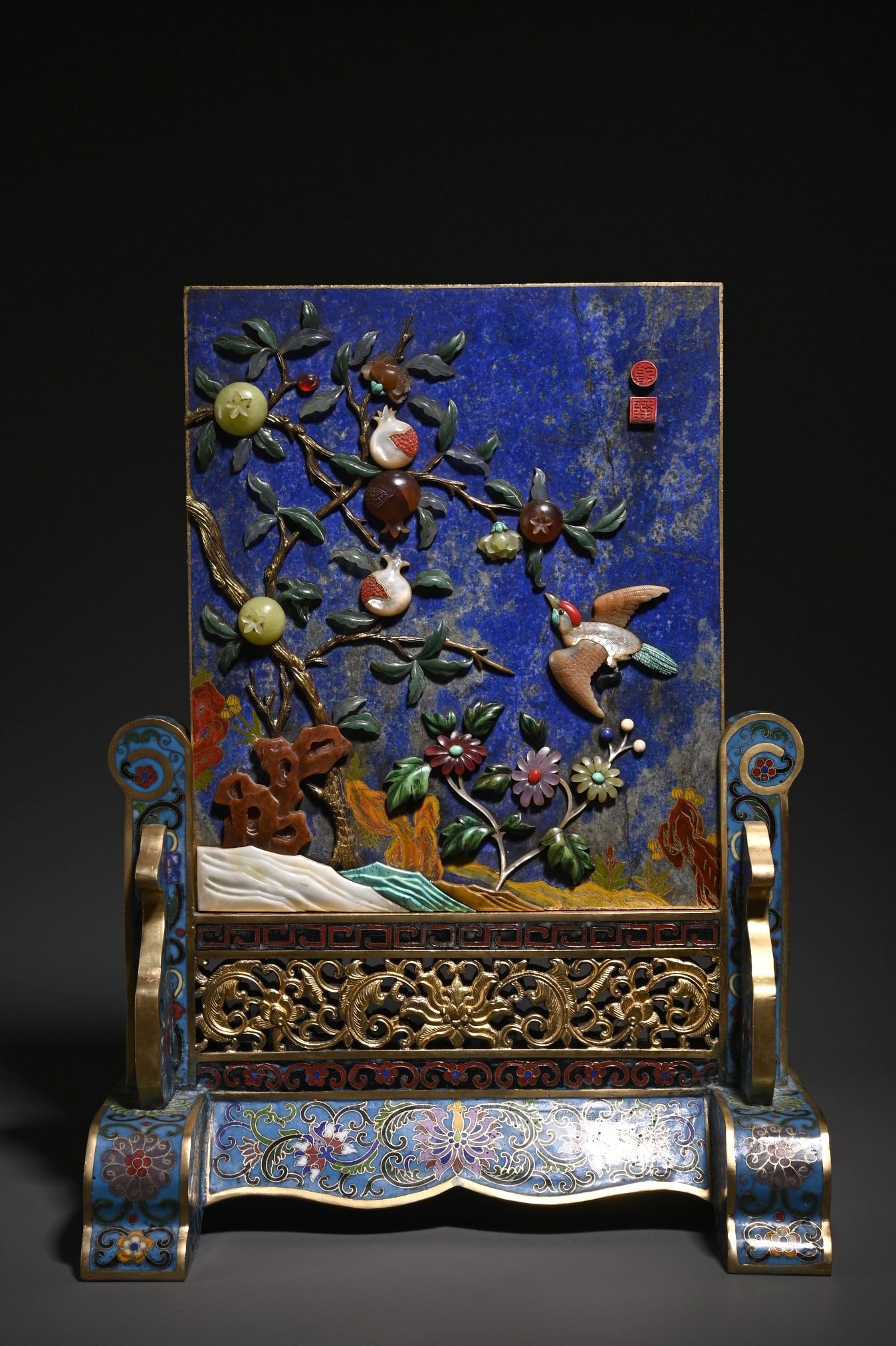 Chinese Cloisonn?? enamel inlaid with precious stones, flowers and birds, scholar desk screen: Length 29 cm, Width 17 cm, Height 29 cm