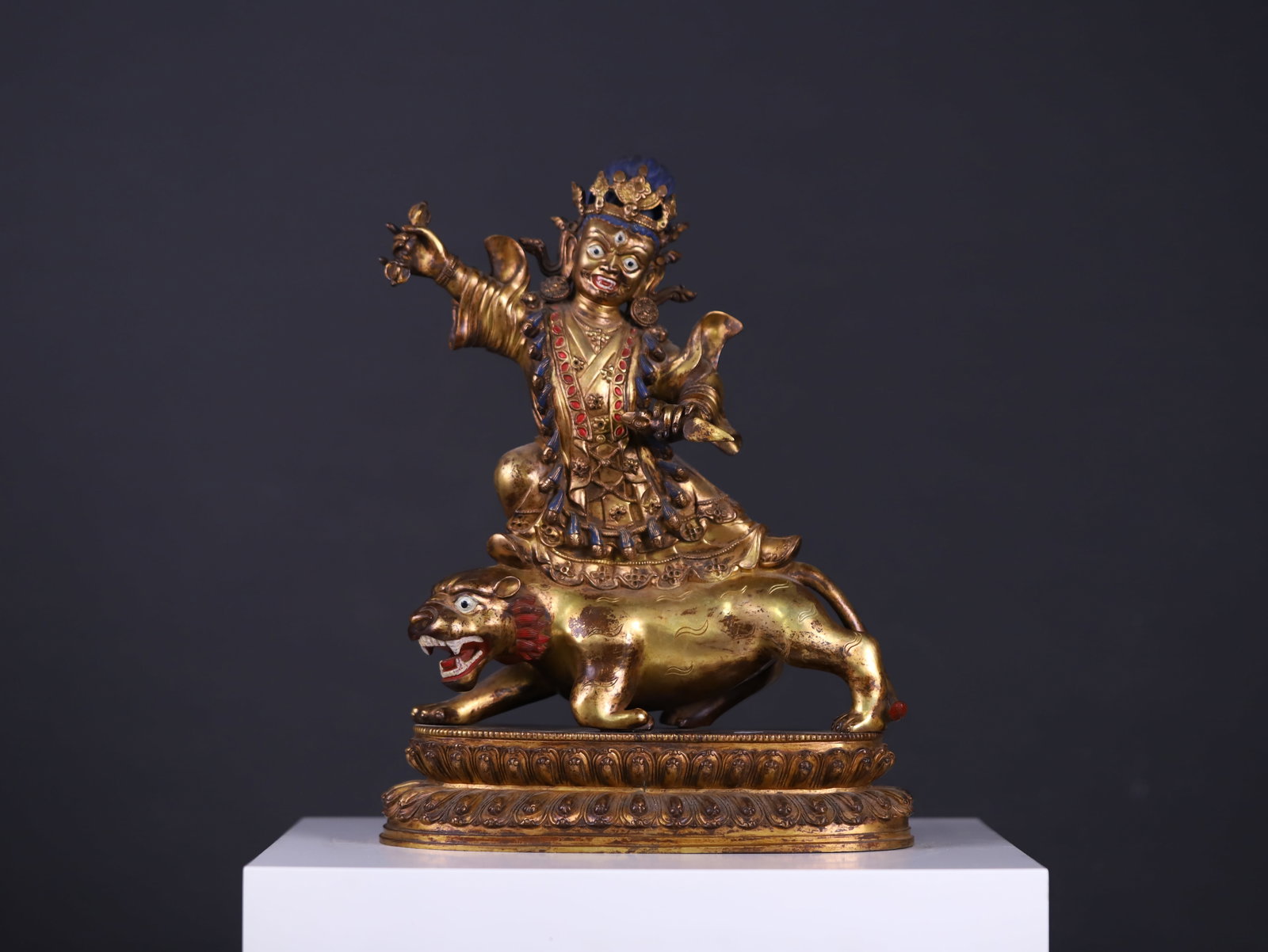 Chinese Qing Dynasty Gilt Copper Tiger-Riding Statue from: Height 39cm, Length 27.5cm, Width 13cm, Weight: 9.35kg